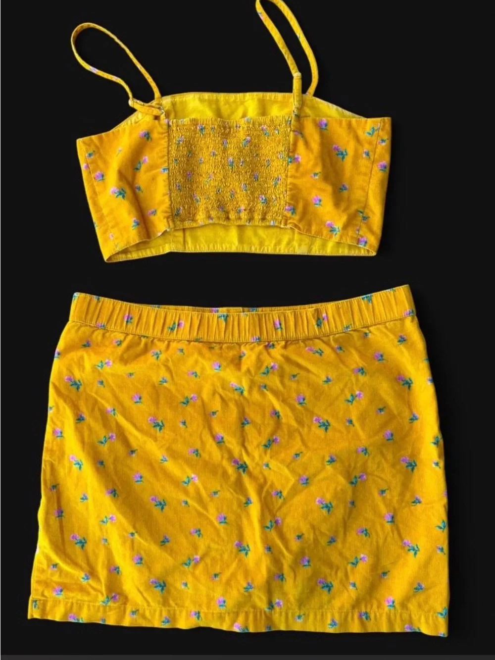 💐American Eagle Mustard Floral Corduroy Matching Set Crop Top Mini Skirt S Y2K